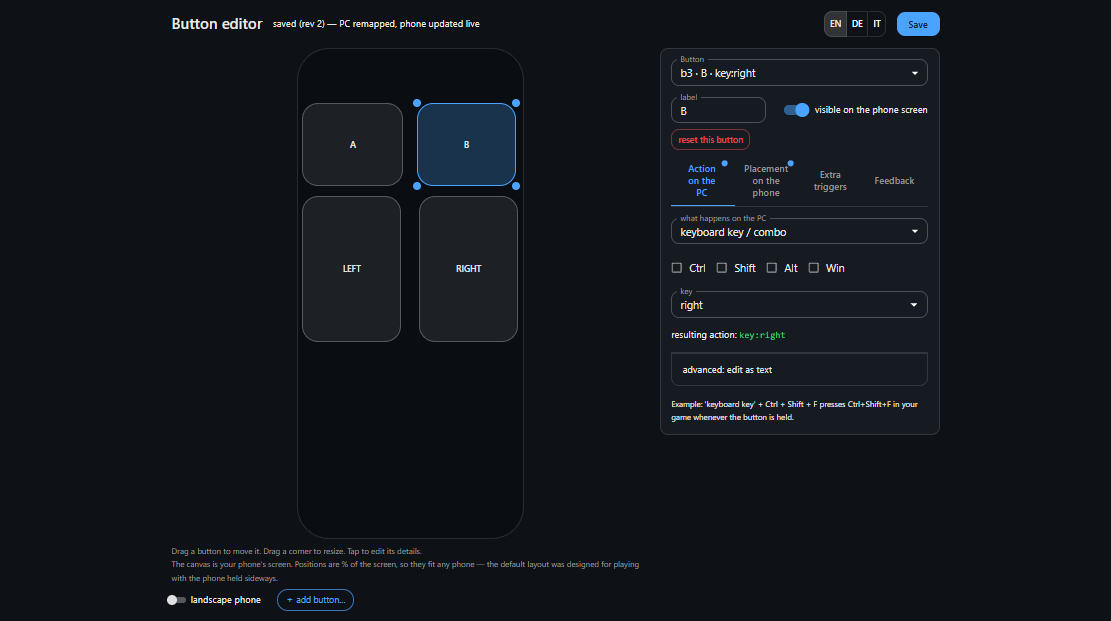 B button: keyboard key, right arrow